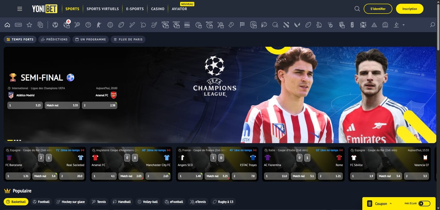 Section paris sportifs et e-sport sur Yonibet
