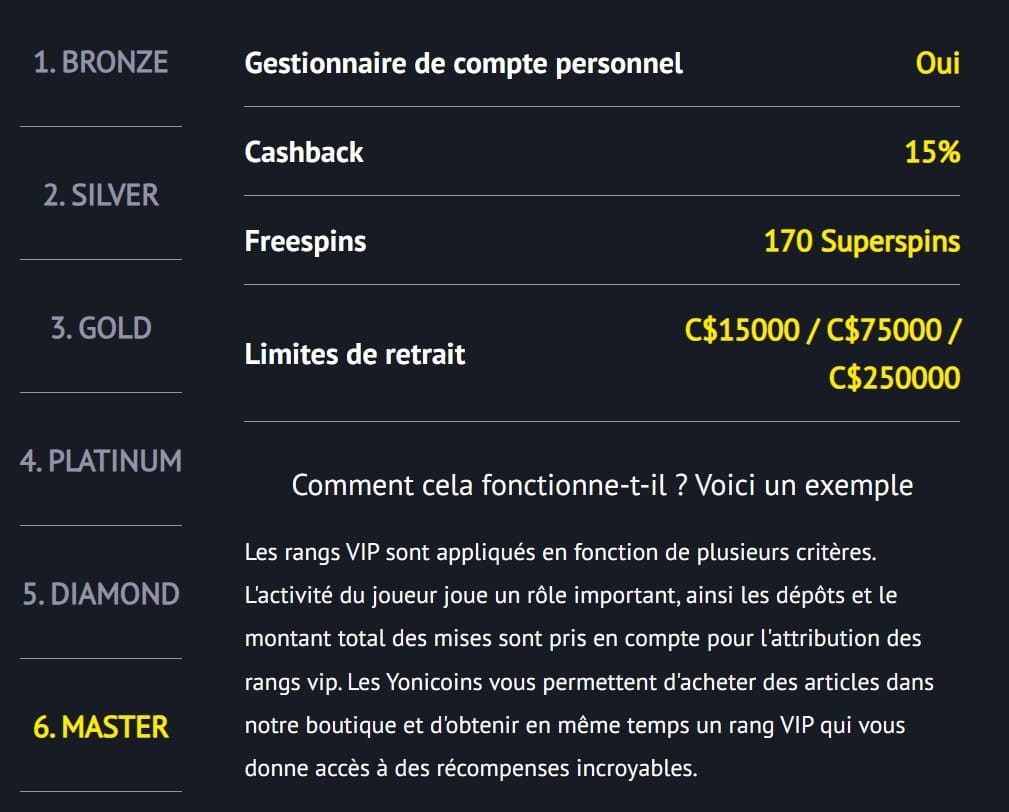 Programme VIP Yoniclub — paliers Bronze à Diamant