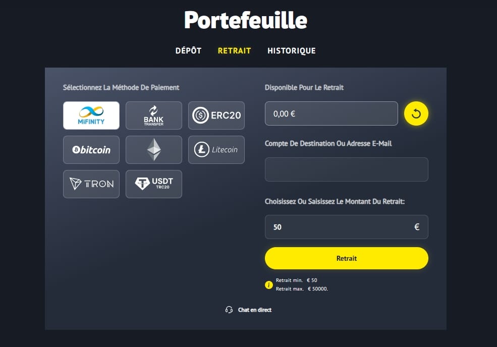 Page de retrait Yonibet — méthodes crypto et bancaires
